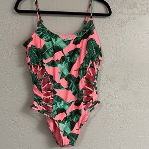 Xhilaration Pink and Green Leaf One-Piece Swimsuit